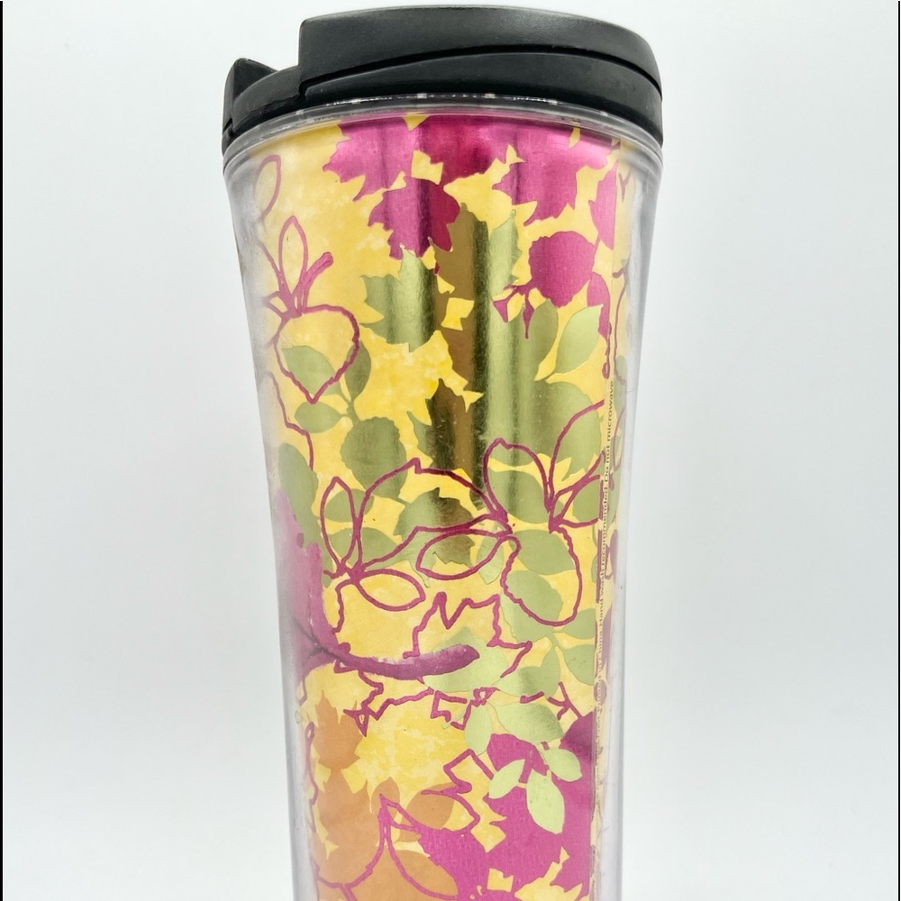 Starbucks 2007 Pink Yellow Gold Floral Print Acrylic Travel Tumbler 16oz Mug EUC